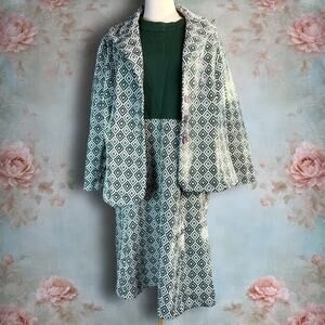 Vintage 60s Fortrel Green & White Diamond Pattern Dress & Jacket Set